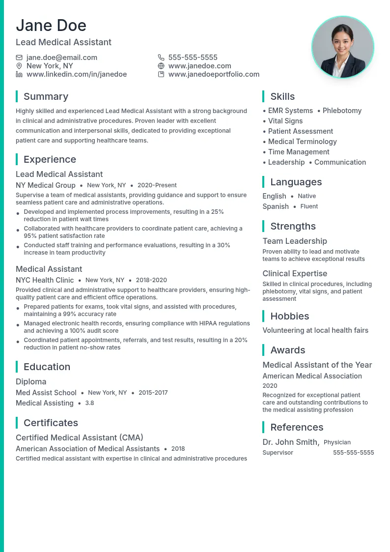 Lead Medical Assistant resume example