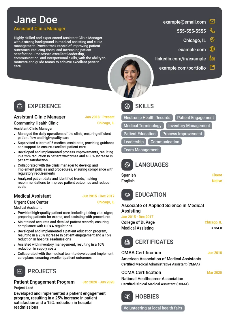 Assistant Clinic Manager resume example