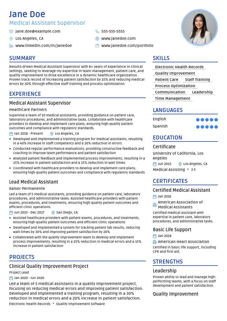 Medical Assistant Supervisor resume example