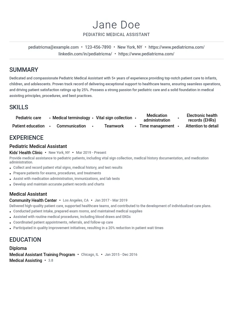 Pediatric Medical Assistant resume example