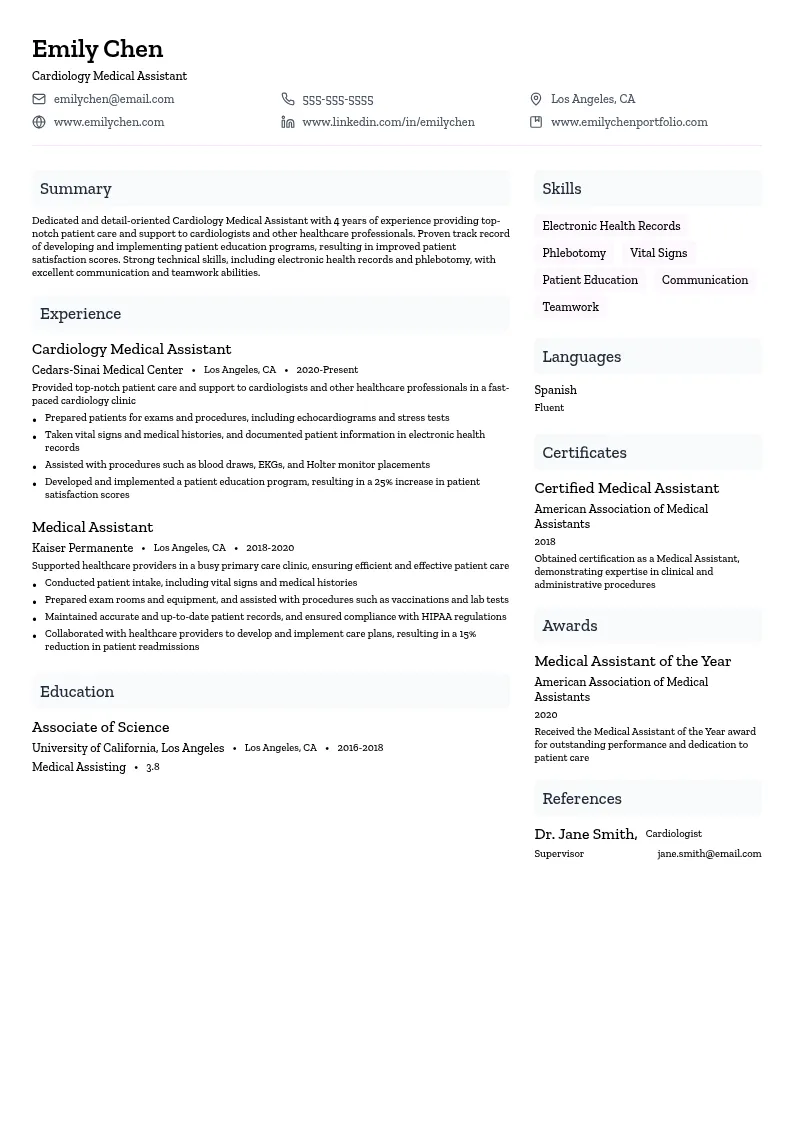 Cardiology Medical Assistant resume example