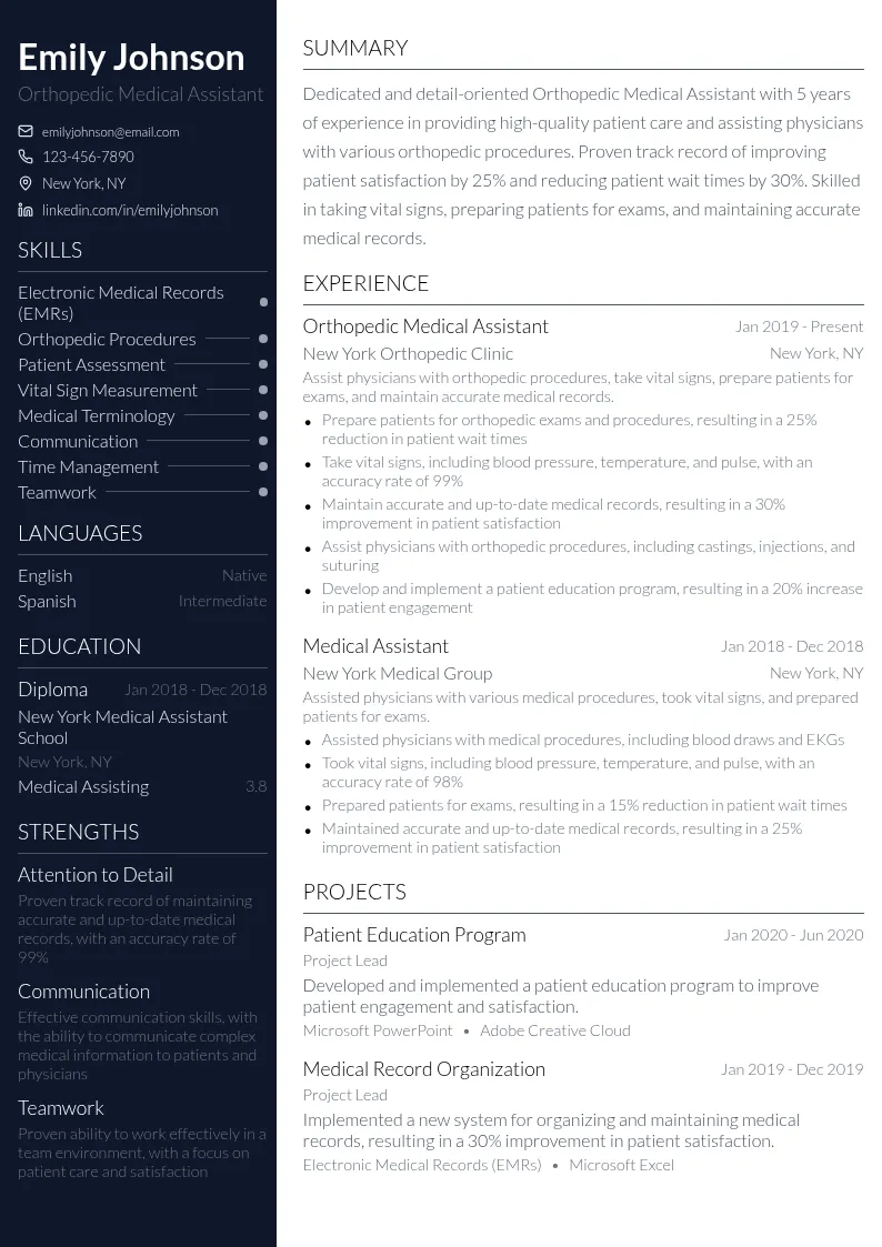 Orthopedic Medical Assistant resume example