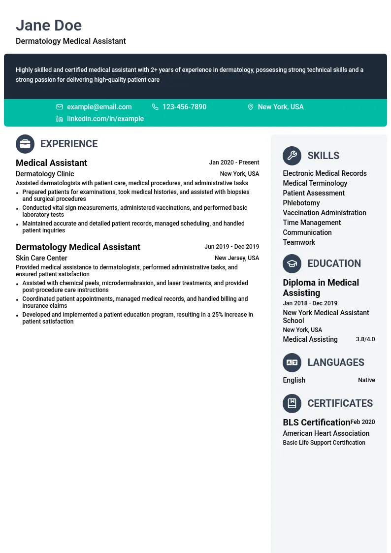 Dermatology Medical Assistant resume example