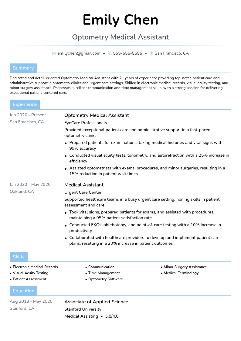 Optometry Medical Assistant resume example