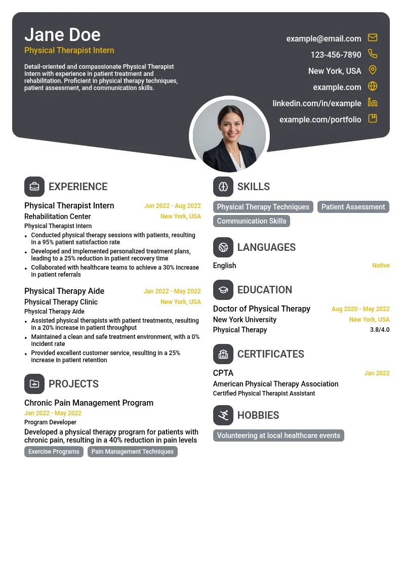 Physical Therapist Intern resume example