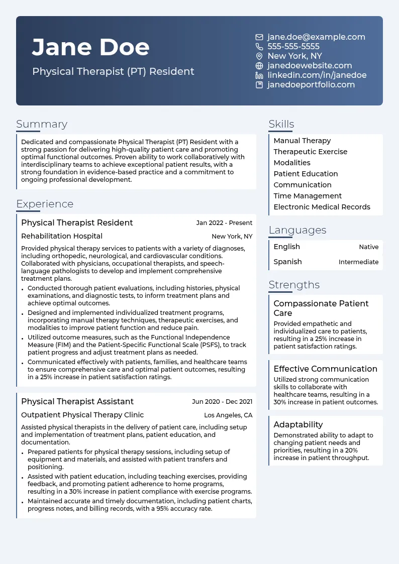 Physical Therapist (PT) Resident resume example