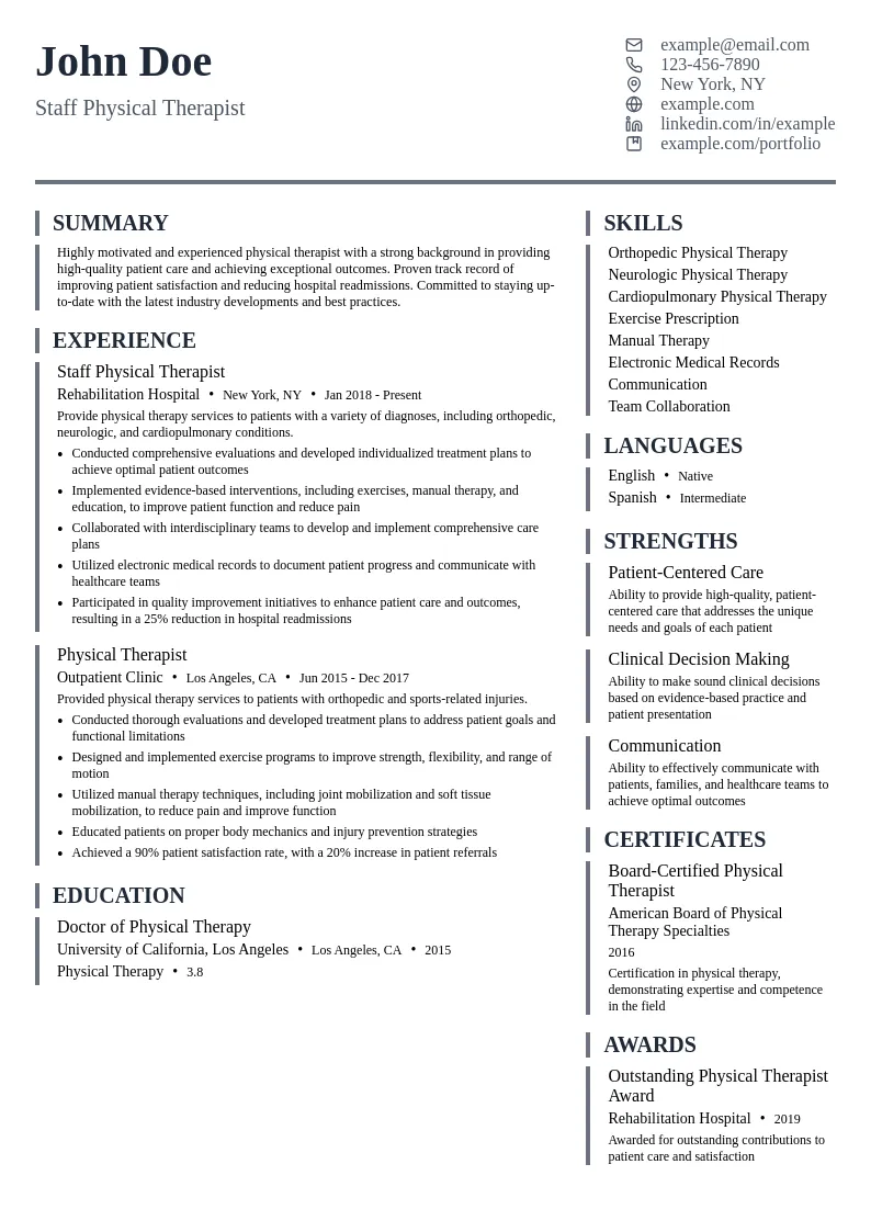 Staff Physical Therapist resume example