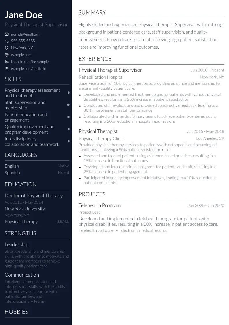 Physical Therapist Supervisor resume example