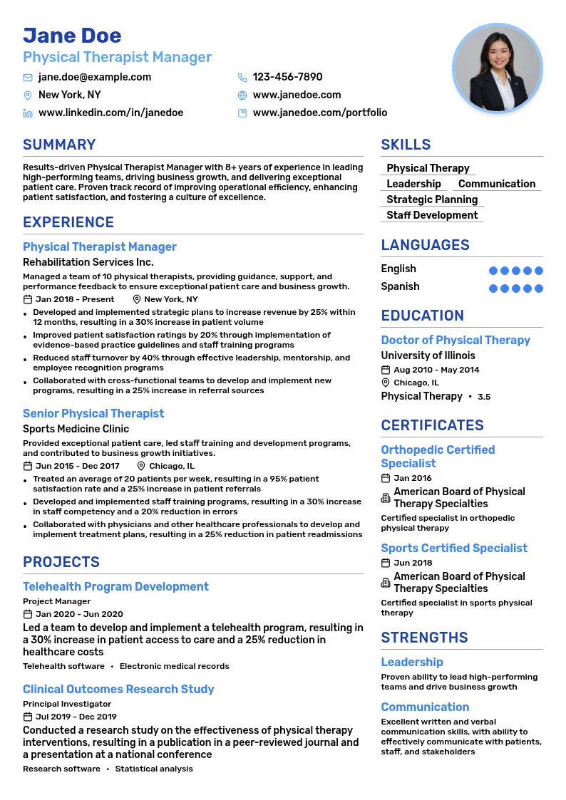 Physical Therapist Manager resume example