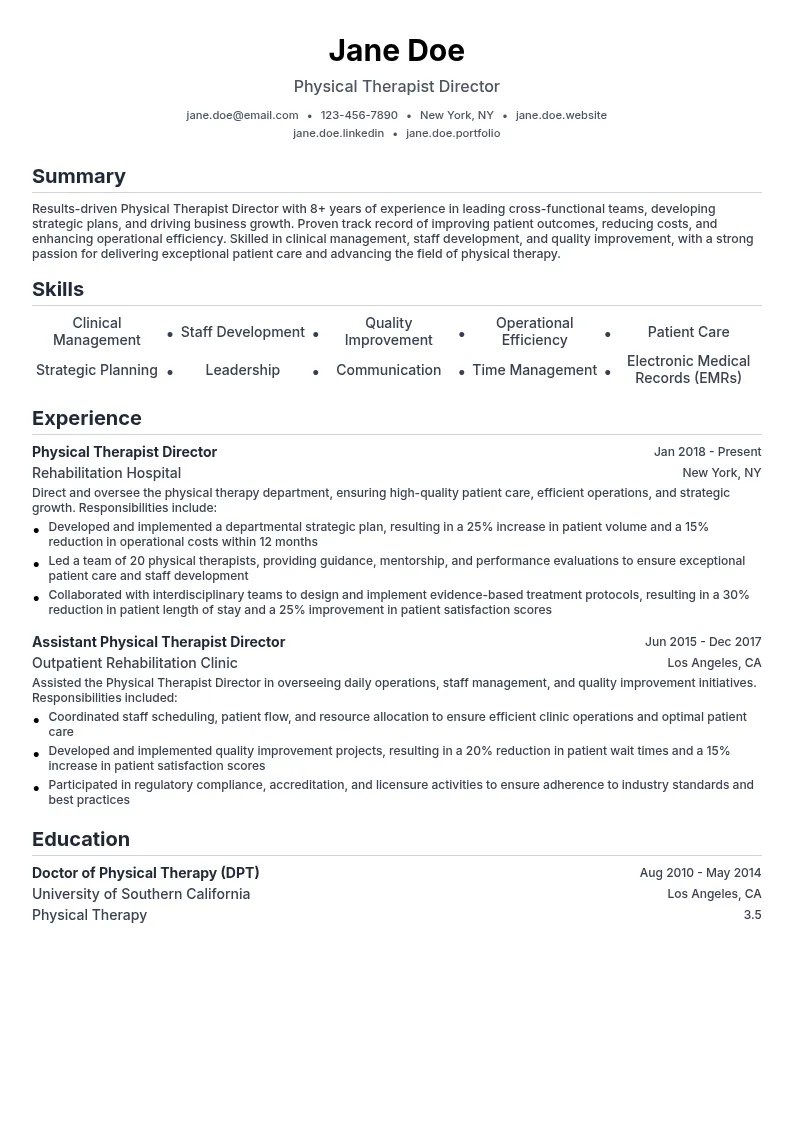 Physical Therapist Director resume example