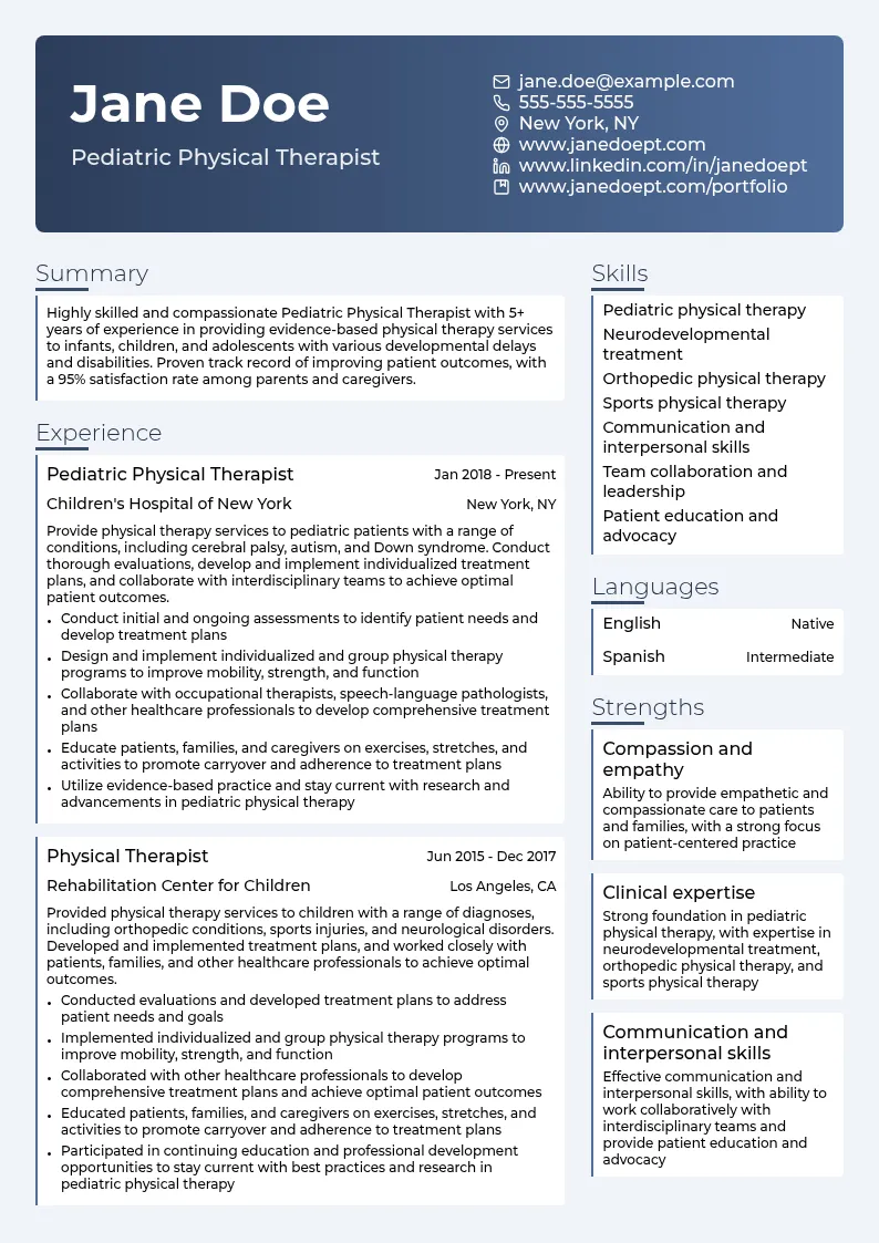 Pediatric Physical Therapist resume example