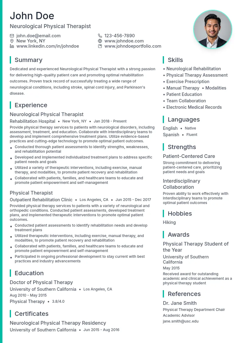 Neurological Physical Therapist resume example