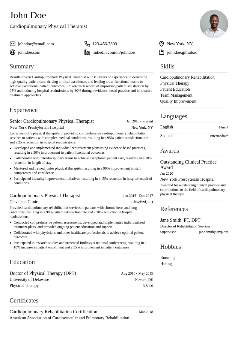 Cardiopulmonary Physical Therapist resume example