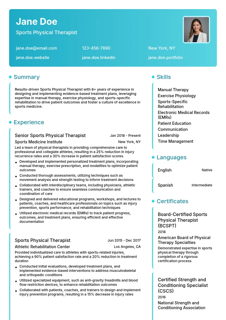 Sports Physical Therapist resume example