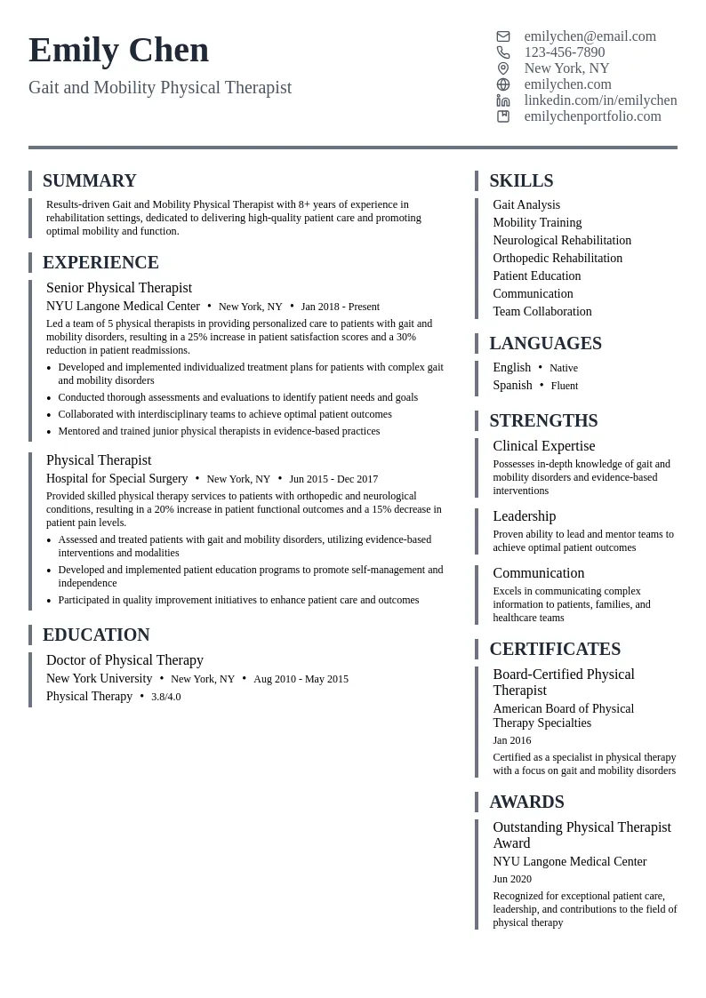 Gait and Mobility Physical Therapist resume example