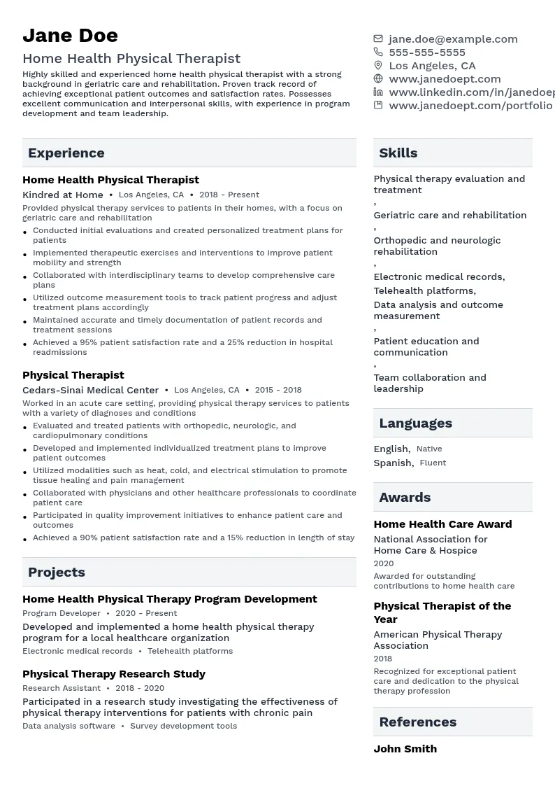 Home Health Physical Therapist resume example