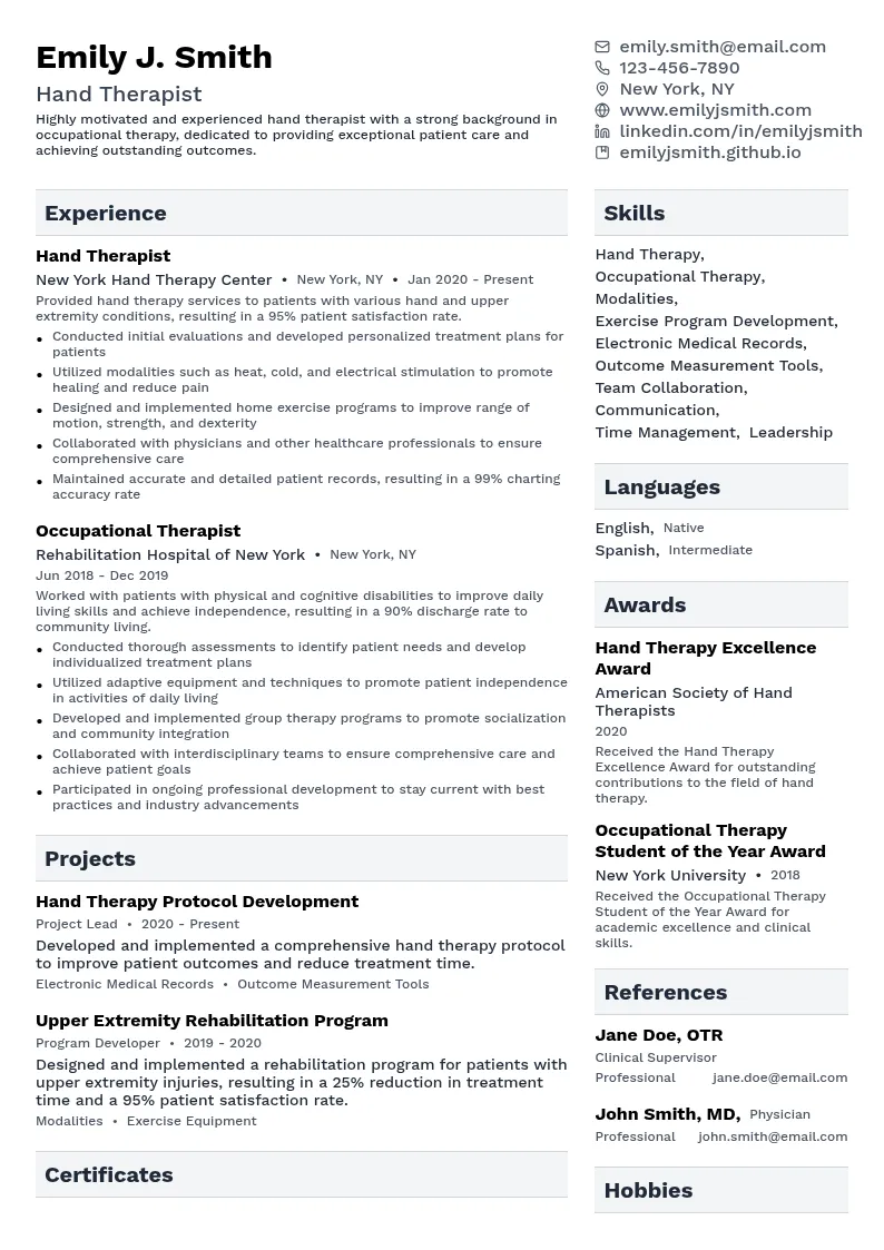 Hand Therapist resume example