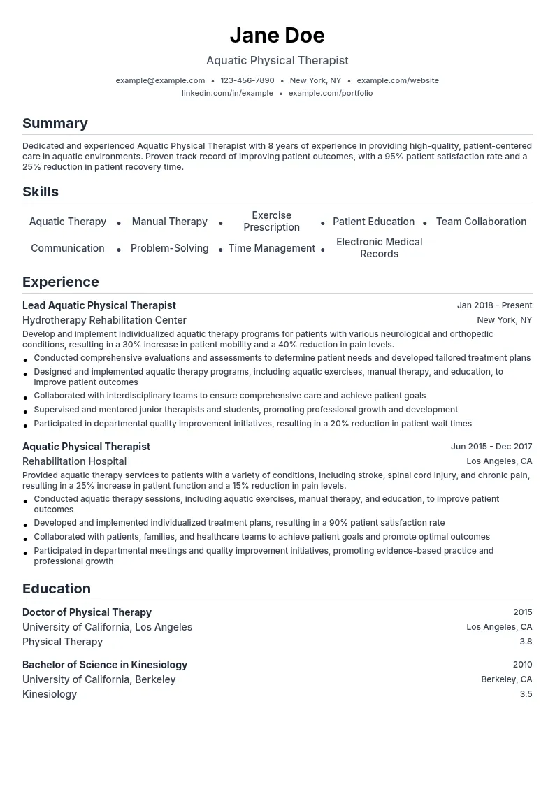 Aquatic physical Therapist resume example