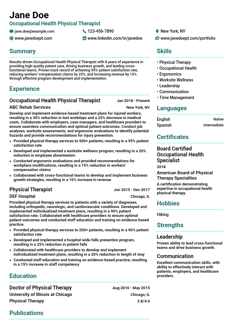 Occupational Health Physical Therapist resume example