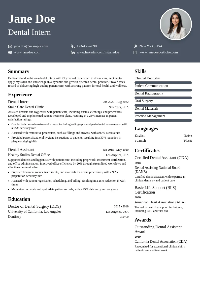 Dental Intern resume example