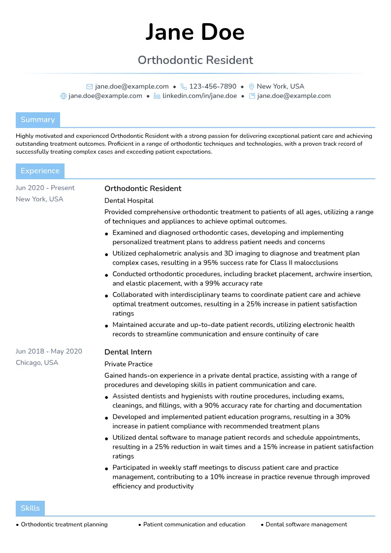 Orthodontic Resident resume example