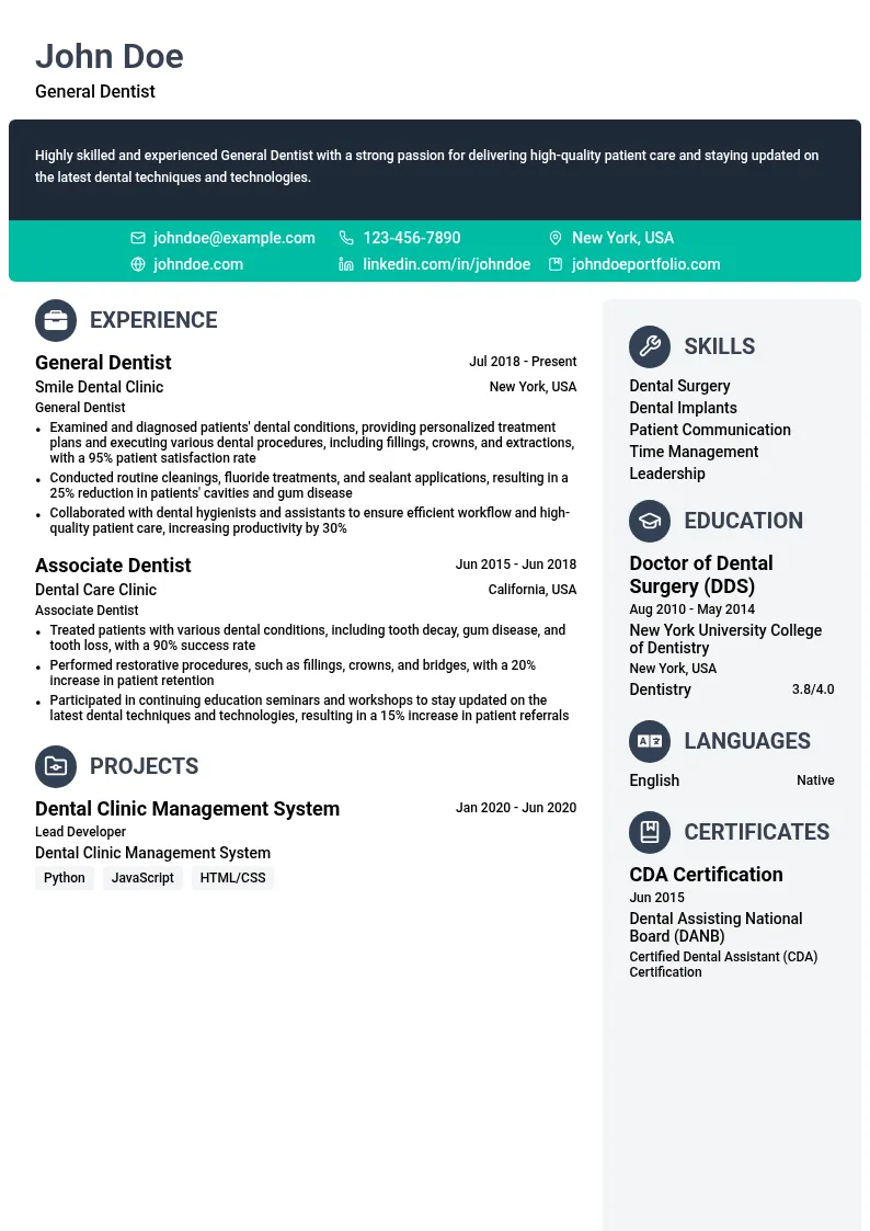 General Dentist resume example