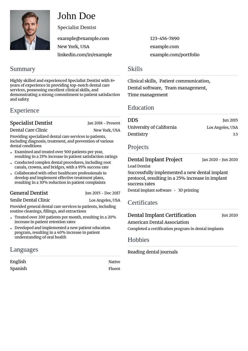 Specialist Dentist resume example