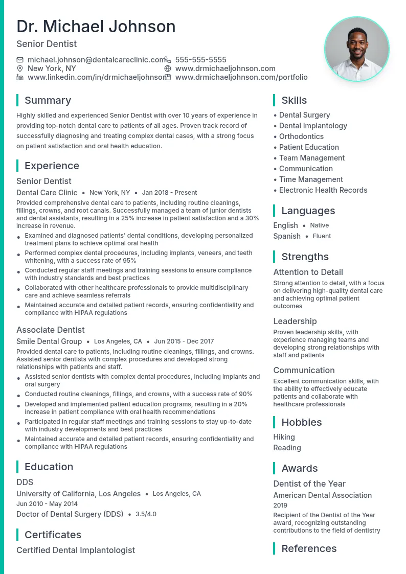 Senior Dentist resume example