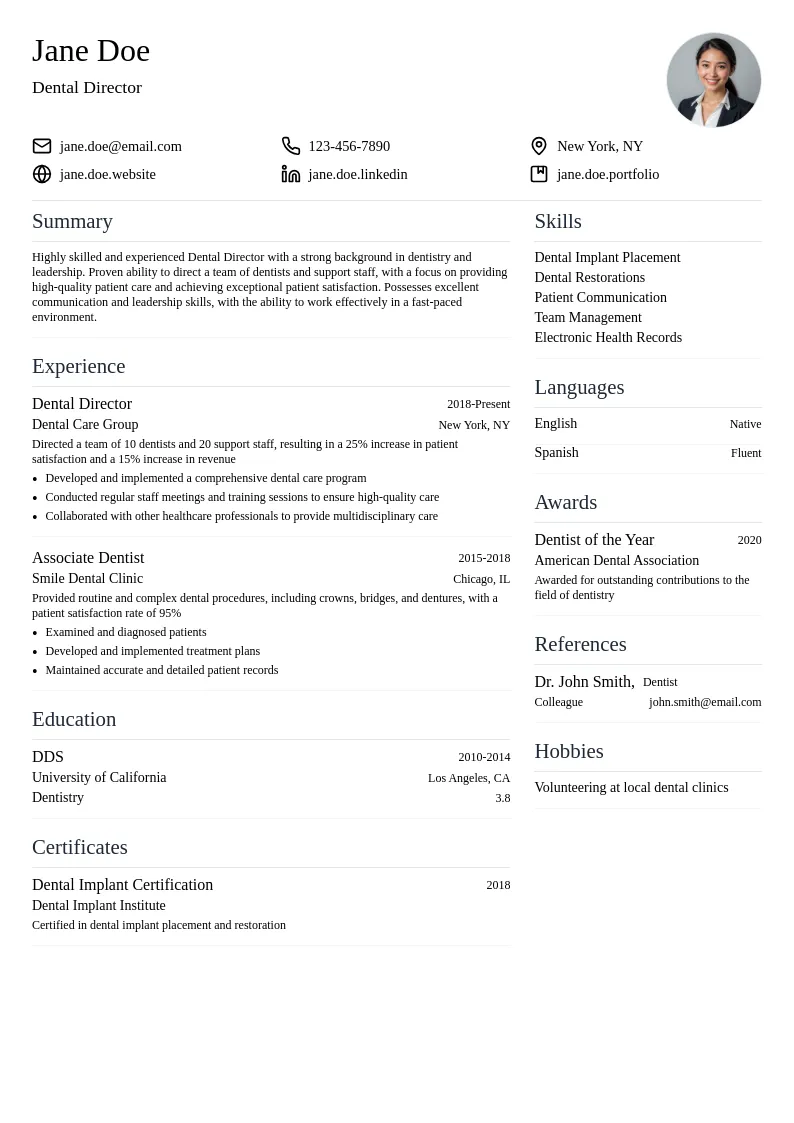 Dental Director resume example