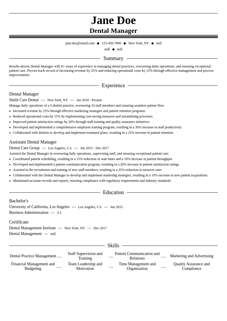 Dental Manager resume example