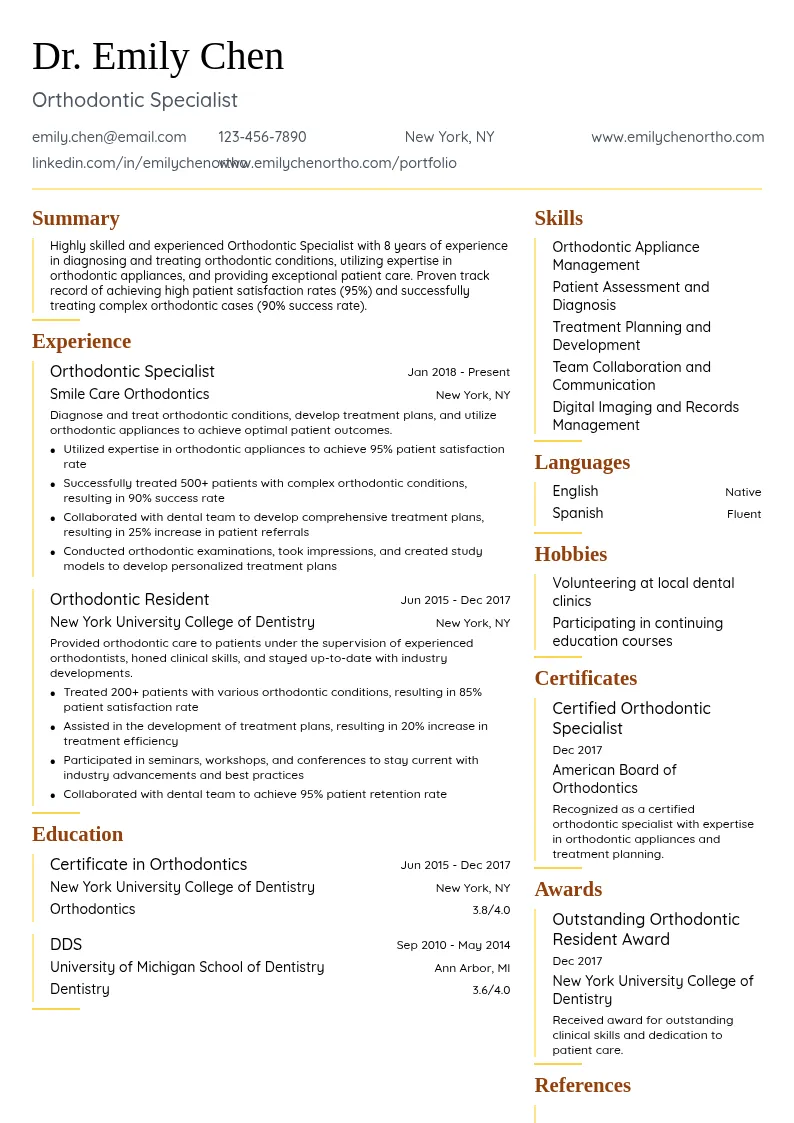 Orthodontic Specialist resume example