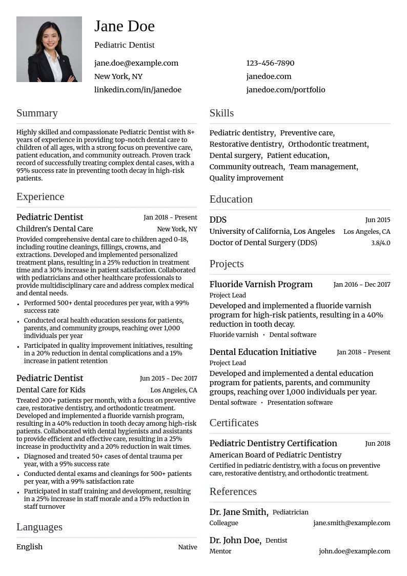  Pediatric Dentist resume example