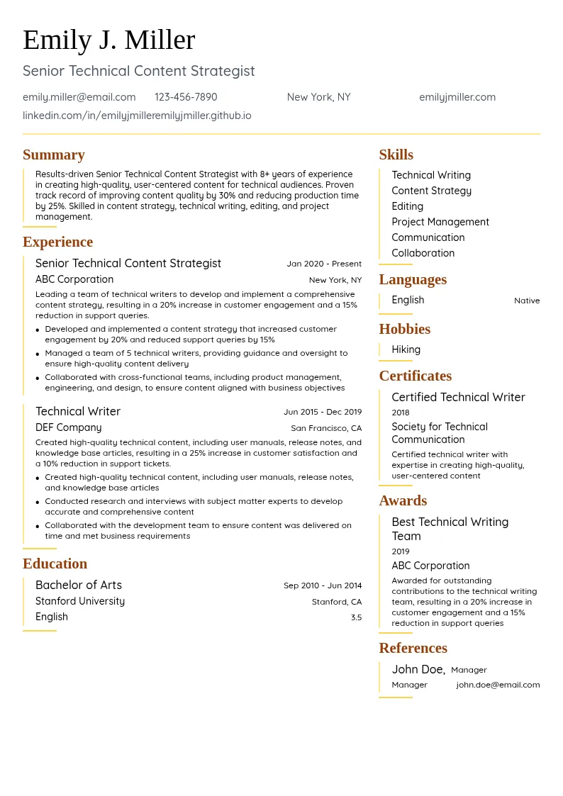 Senior Technical Content Strategist resume example