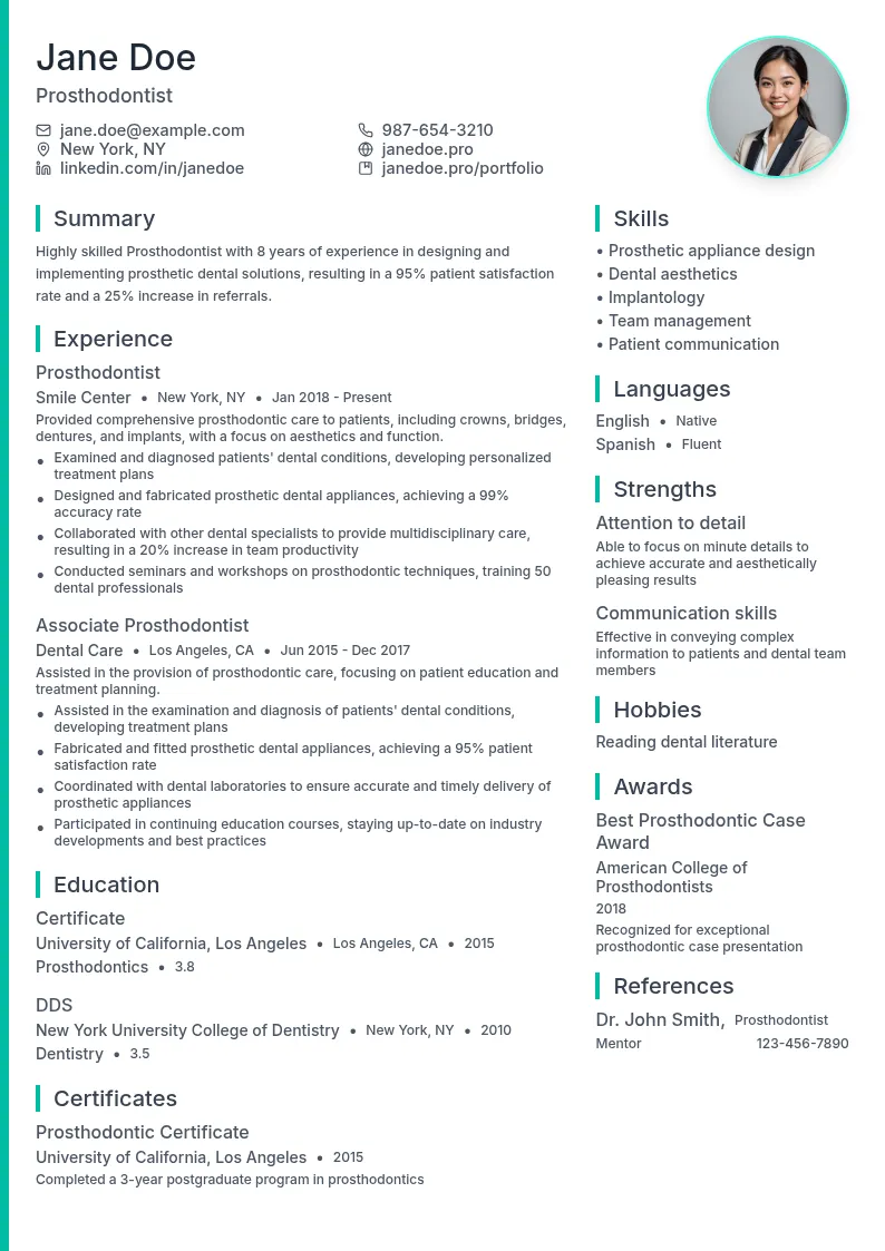 Prosthodontist resume example