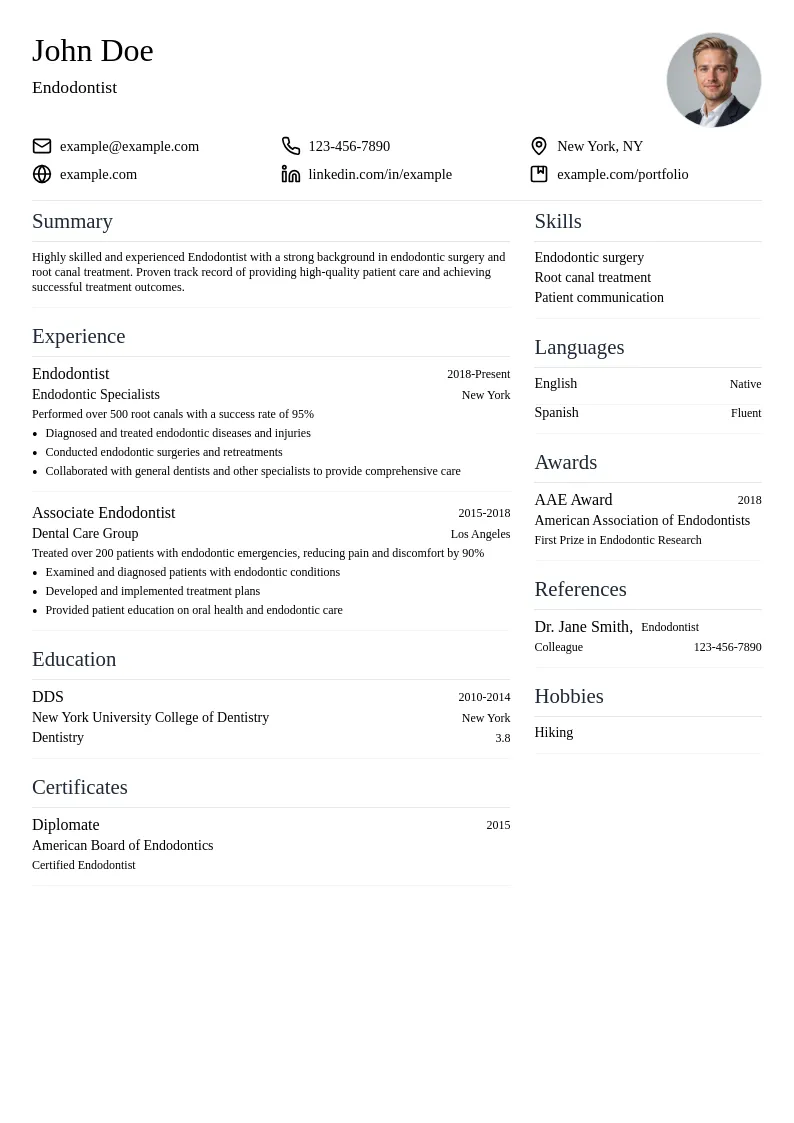 Endodontist resume example