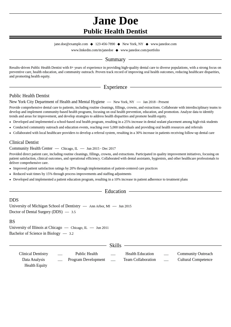 Public Health Dentist resume example