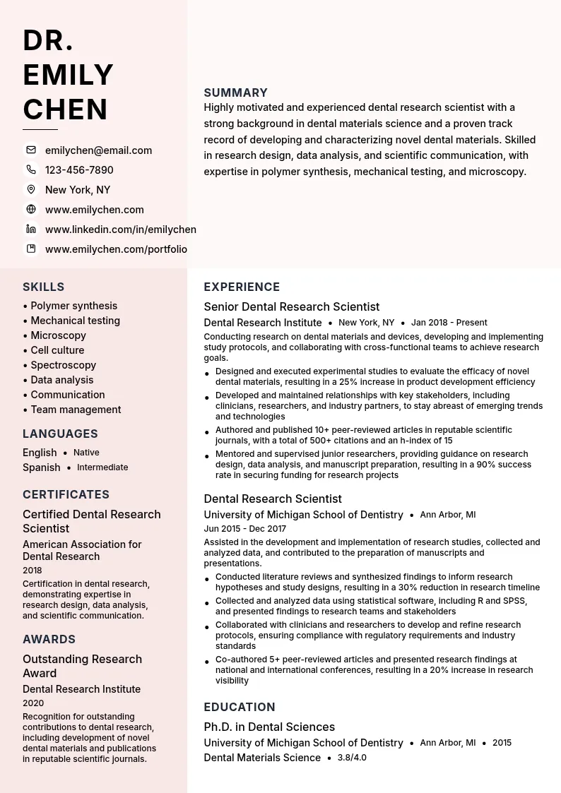 Dental Research Scientist resume example