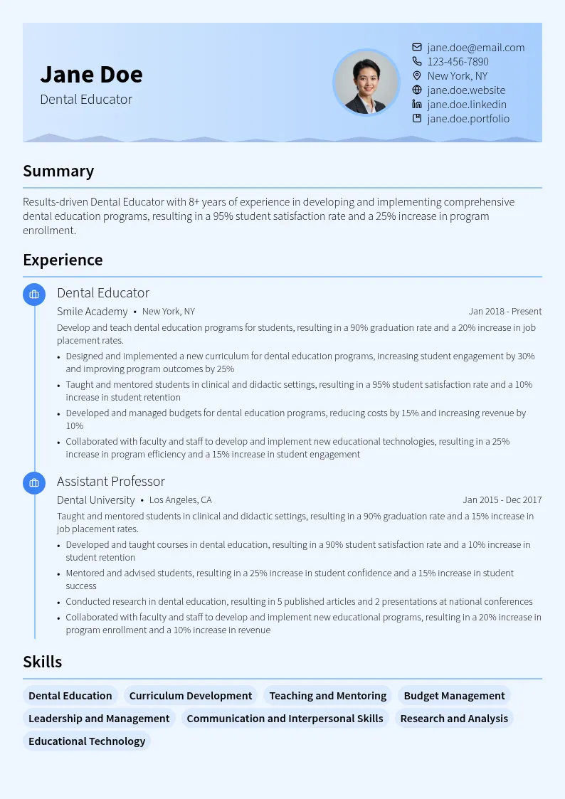 Dental Educator resume example