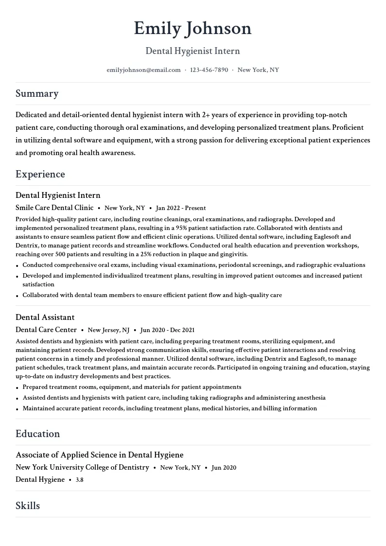 Dental Hygienist Intern resume example