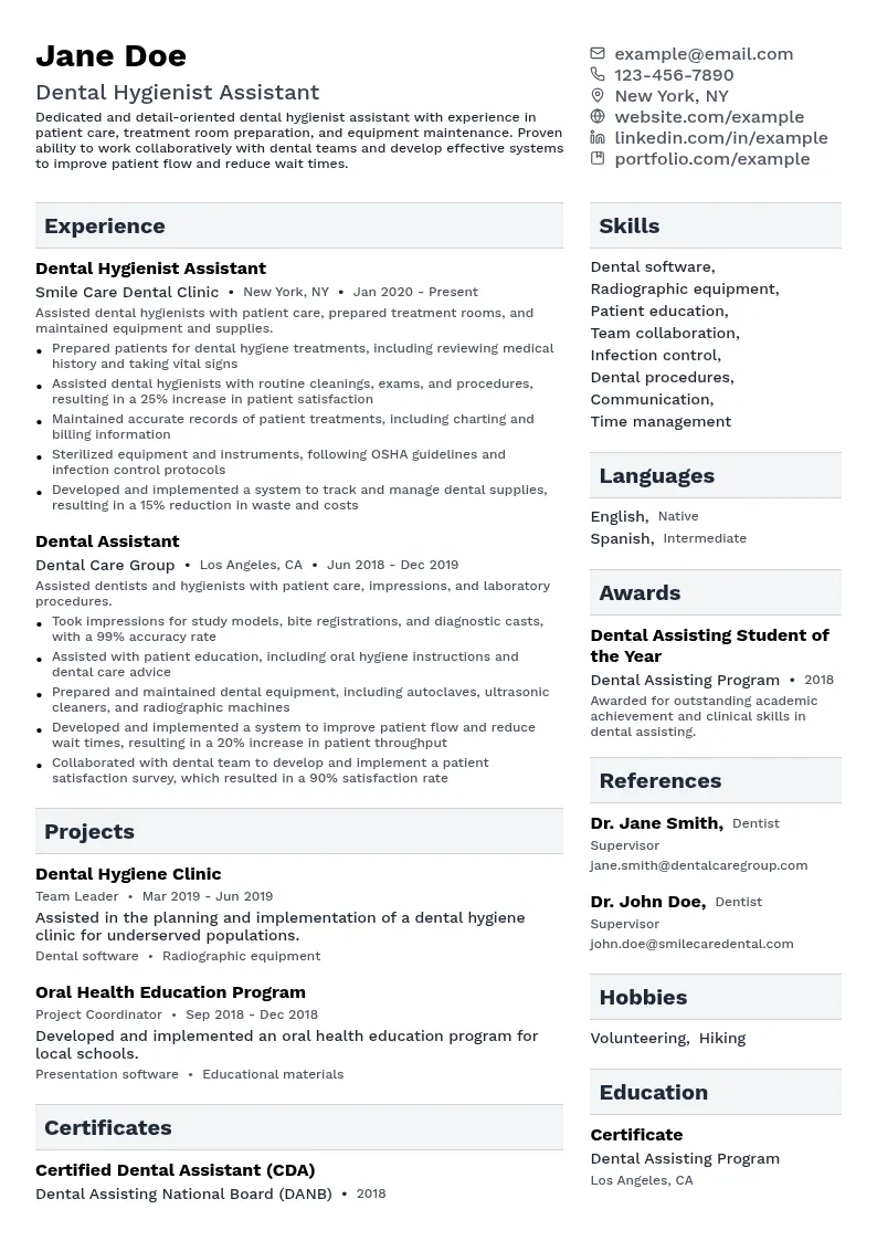 Dental Hygienist Assistant resume example