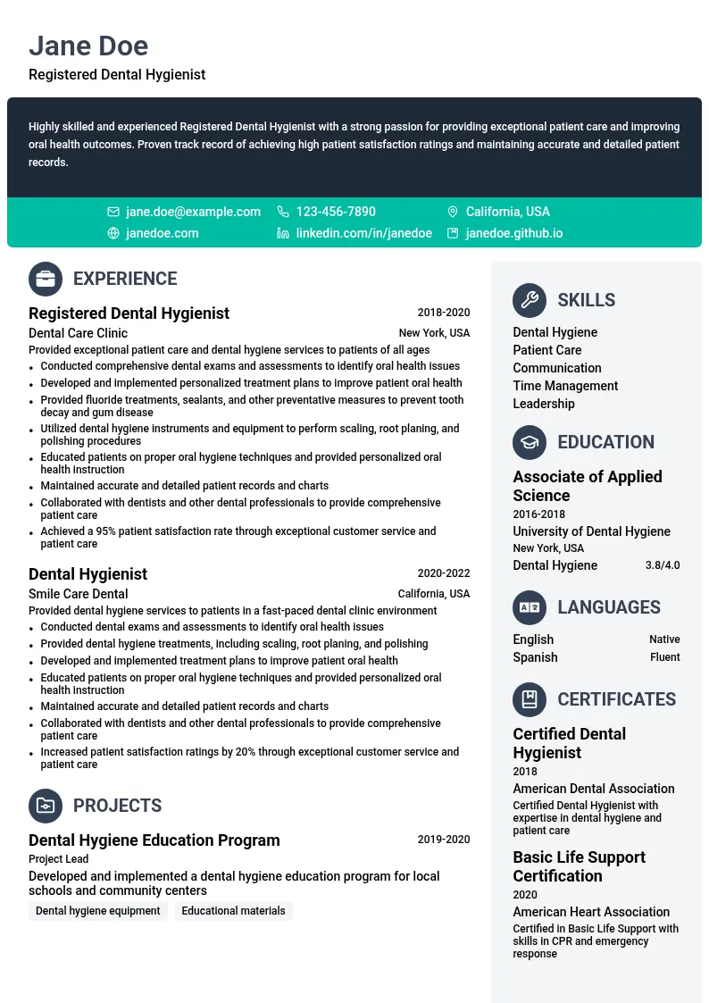 Registered Dental Hygienist resume example