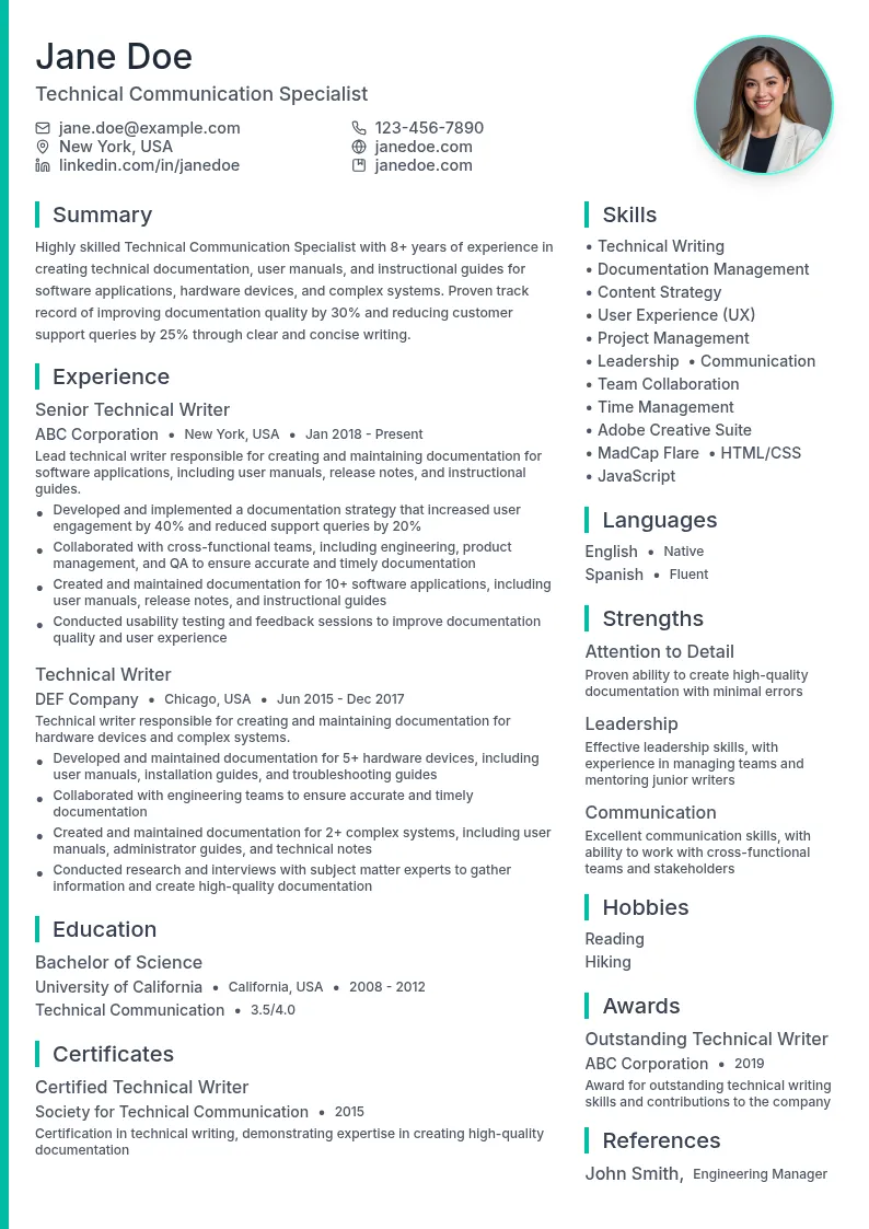 Technical Communication Specialist resume example