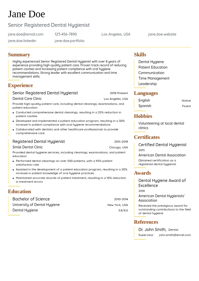 Senior Registered Dental Hygienist resume example