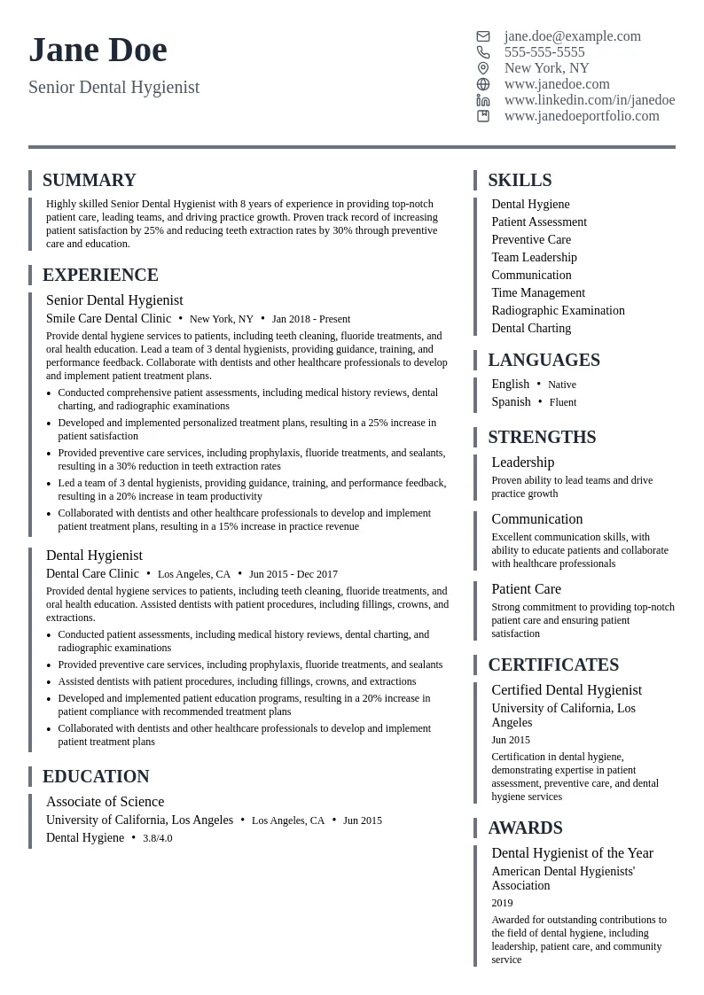Senior Dental Hygienist resume example