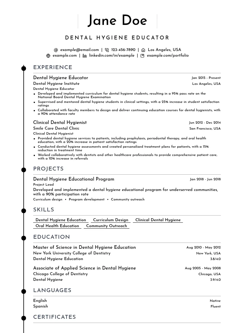 Dental Hygiene Educator resume example