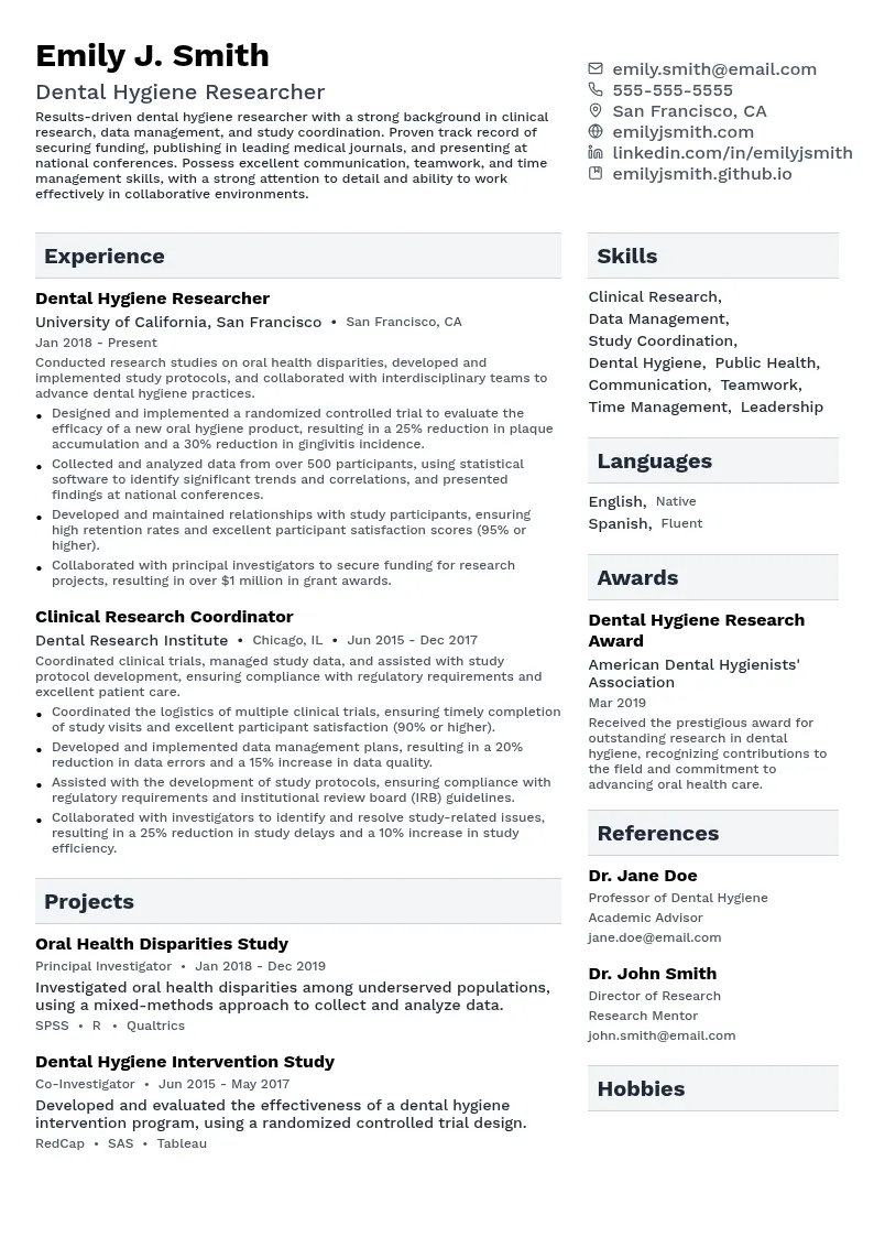 Dental Hygiene Researcher resume example