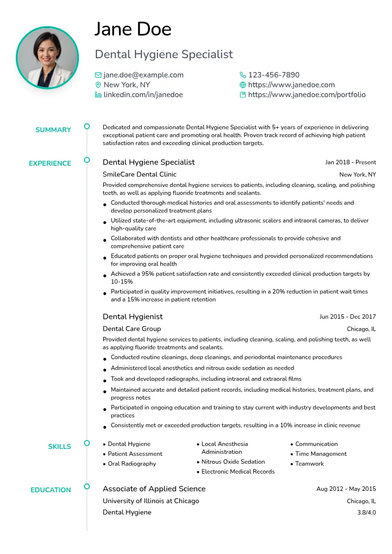 Dental Hygiene Specialist resume example