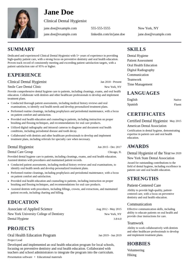 Clinical Dental Hygienist resume example