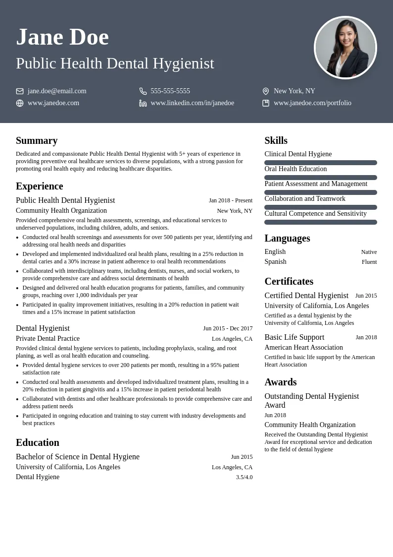 Public Health Dental Hygienist resume example