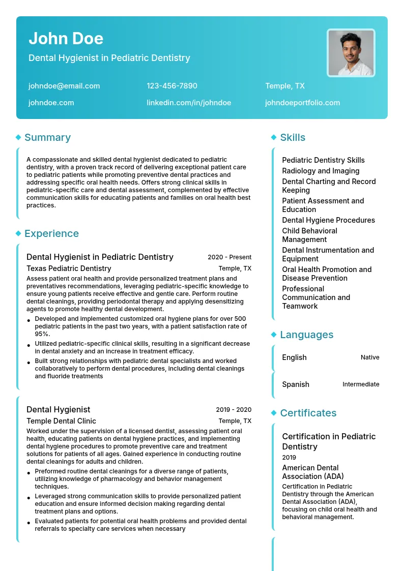 Dental Hygienist in Pediatric Dentistry resume example